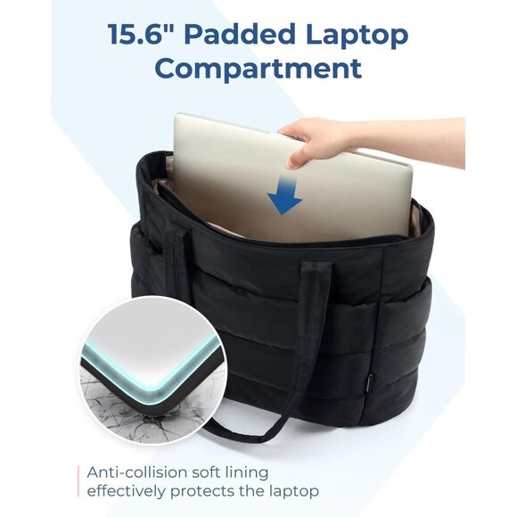 Women Black Lightweight Puffy Tote Bag for Travel Beach Gym With Multi-pocket - Picture 6 of 7